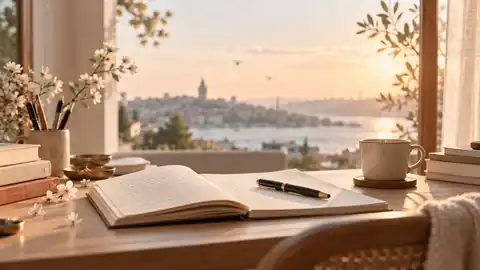 Roman yazma sürecini temsil eden çalışma masası görseli